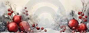 Watercolor Christmas banner with snow and red baubles