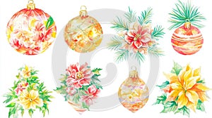 Watercolor Christmas Baubles and Floral Arrangements Festive Holiday Art photo