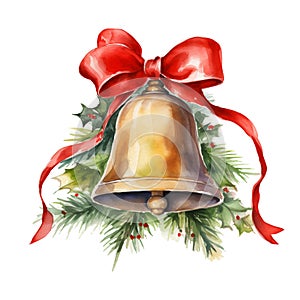 Watercolor Christmas bell with red ribbon and holly berry isolated on white background