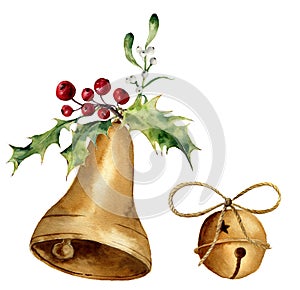 Watercolor christmas bell set with mistletoe and holly decor. Gold bells isolated on white background. For design