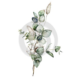 Watercolor Christmas bouquet of dried flowers with eucalyptus, lagurus, blue Thistle and cotton. Hand painted holiday