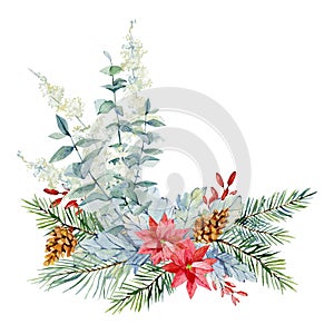 Watercolor Christmas bouquet with fir branches, leaves, eucalyptus plant, poinsettia, pine cone. Winter greenery banner