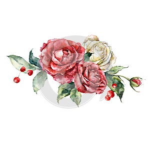 Watercolor Christmas bouquet of red and white rose, bud, berries and leaves. Hand painted composition of flowers and