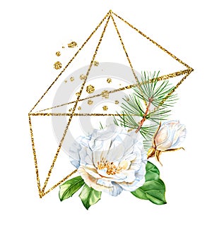 Watercolor Christmas bouquet with rose flower and golden glitter frame. Realistic arrangement with pine tree and glitter