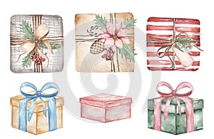 Watercolor Christmas box with florals decor set, vintage christmas gifts illustration,  Winter holidays decor clipart