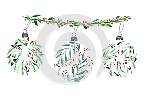 Watercolor Christmas branch with baubles with leaves and winter berries