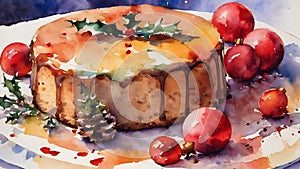 Watercolor Christmas Cake with Mistletoe
