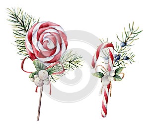 Watercolor Christmas candies. Hand painted candy cane, striped peppermint lollipop, fir branch and snowberries isolated