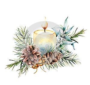 Watercolor Christmas candle with holiday decor. Hand painted floral composition with eucalyptus leaves, bells, pine