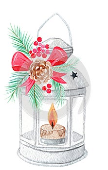 Watercolor christmas candle lantern with fir branch decoration on white background