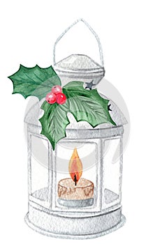 Watercolor christmas candle lantern with holly leaves decoration isolated on white background