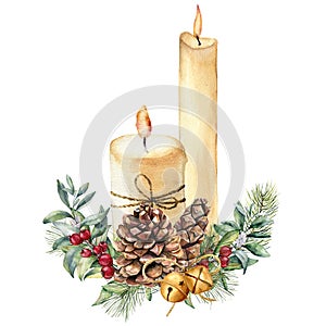 Watercolor Christmas candles with holiday decor. Hand painted candle, holly, christmas tree branch and bell isolated on