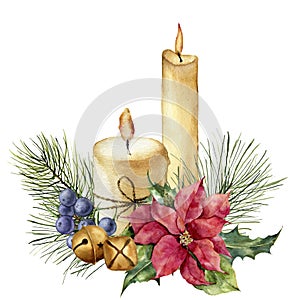 Akvarel sviečky dovolenka výzdoba. ruka namaľovaný zloženie listy vianočné zvony jalovec 