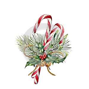 Watercolor Christmas Canes with decor. Hand painted traditional candy with christmas plant: holly, mistletoe, bells