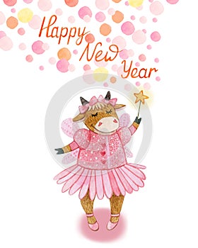 Watercolor Christmas card with cute girl cow in pink fairy costume and magic wand Hand drawn cow for New Year and Christmas