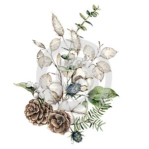 Watercolor Christmas card with pine cones, lunaria, lagurus, eucalyptus leaves and cotton flowers. Hand painted holiday