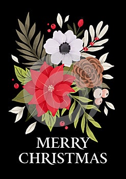 Watercolor Christmas card with poinsettia, green branches, cotton, red berries, eucalyptus, anemone. Winter bouquet and lettering
