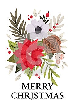 Watercolor Christmas card with poinsettia, green branches, cotton, red berries, eucalyptus. Winter poster with lettering - Merry