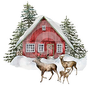 Watercolor Christmas card with red house and deers in winter forest. Hand painted illustration with fir trees and snow