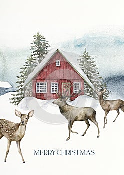 Watercolor Christmas card of red house and deers in winter forest. Hand painted illustration with fir trees and snow