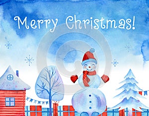 Watercolor Christmas card with snowman, santa claus house, christmas tree, hoar frost tree, merry christmas lettering