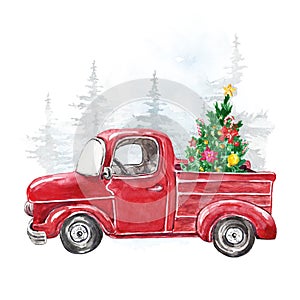 Watercolor Christmas card template with hand painted abstract retro truck and fir tree. Winter snowy forest illustration