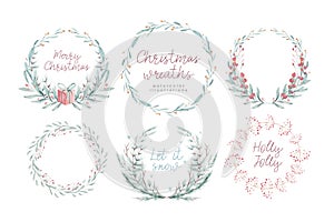 Watercolor Christmas card with wearth. Hand drawing christmas decoration. Winter holiday design. Berry wreath for