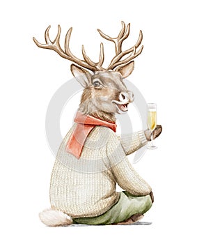 Watercolor Christmas cartoon deer in clothes holding glass of champagne