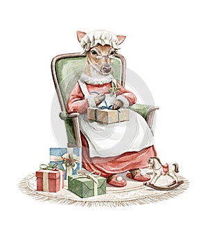 Watercolor Christmas cartoon deer dressed in mrs Santa Claus costume packs gift box presents