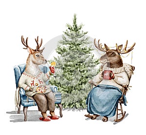 Watercolor Christmas cartoon deer and moose in clothes eat and drink in armchair near the Christmas tree