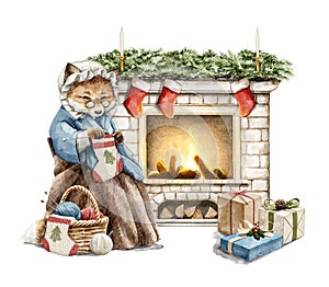 Watercolor Christmas cartoon fox in clothes knits Christmas socks near the fireplace