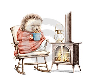 Watercolor Christmas cartoon hedgehog in knitted blanket drink tea in armchair warming by the fireplace