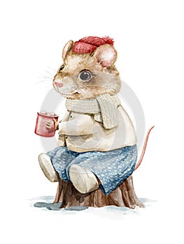 Watercolor Christmas cartoon mouse in clothes drink and sit on stump