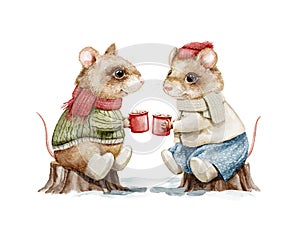 Watercolor Christmas cartoon pair of mice in clothes drink and sit on stumps