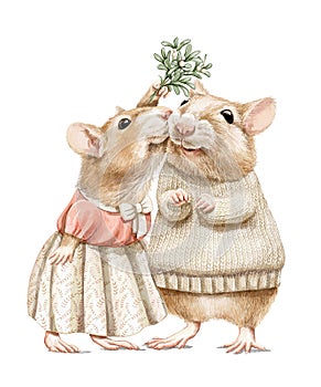 Watercolor Christmas cartoon pair of mice in clothes kissing under the mistletoe