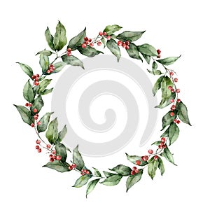 Watercolor Christmas circle wreath with branches and red berries. Hand painted holiday card with plants isolated on