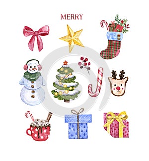 Watercolor Christmas clip art set. Hand painted winter pine tree,snowman, stocking, candy cane, gifts, deer Rudolf cookie, star
