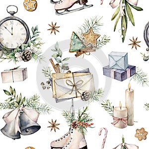 Watercolor Christmas clock seamless pattern. Vintage illustration with envelope, candle and skates isolated on white