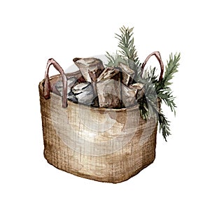 Watercolor Christmas composition with basket, fir branches and firewood. Hand painted winter card isolated on white
