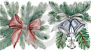 Watercolor Christmas composition with silver bow and bell isolated on white background, generative Ai