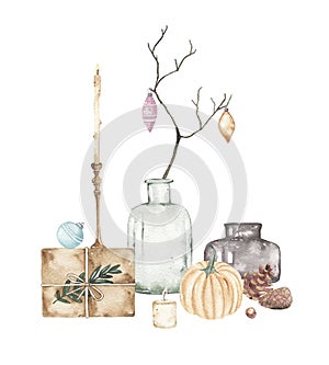 Watercolor christmas compositions with vase branches xmas ball envelope candle holder