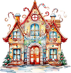 Watercolor Christmas Cute Red Door Clipart Winter Xmas Ornaments Holiday House Festive Home Christmas Trees