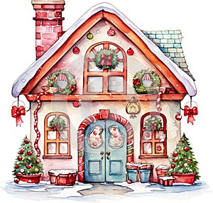 Watercolor Christmas Cute Red Door Clipart Winter Xmas Ornaments Holiday House Festive Home Christmas Trees