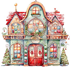 Watercolor Christmas Cute Red Door Clipart Winter Xmas Ornaments Holiday House Festive Home Christmas Trees