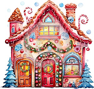 Watercolor Christmas Cute Red Door Clipart Winter Xmas Ornaments Holiday House Festive Home Christmas Trees