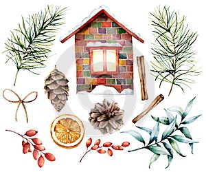 Watercolor Christmas decor set with ceramic house. Hand painted fir branches and cones, cinnamon, barberry, eucalyptu photo
