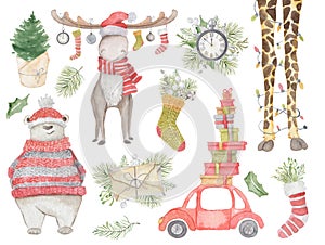 Watercolor Christmas decor set with moose, polar bear, giraffe legs, car with presents, pine tree, clock, letter and socks.