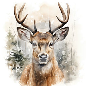 Watercolor Christmas deer. Winter card design. Generative AI