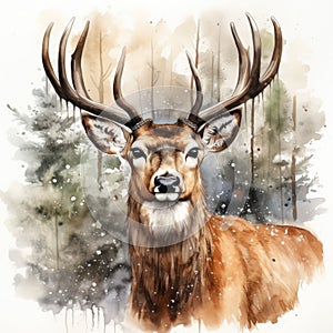 Watercolor Christmas deer. Winter card design. Generative AI
