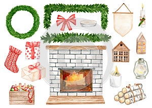 Watercolor Christmas elements set. Winter home scene creator. Hand drawn fireplace, gift boxes, stocking, candle